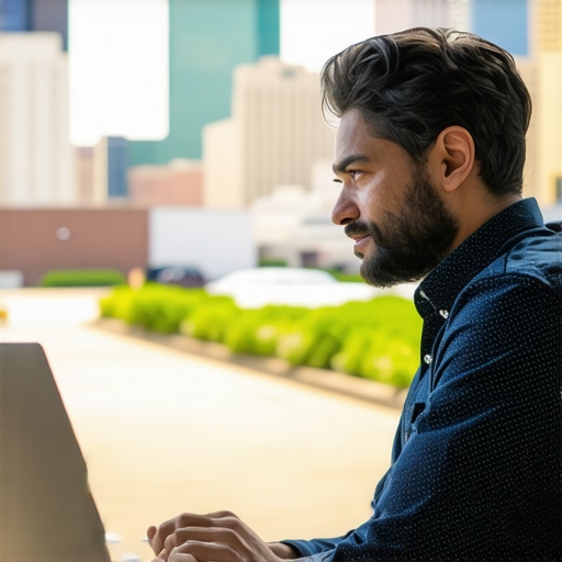 Business owner analyzing local SEO data on laptop with Plano cityscape background