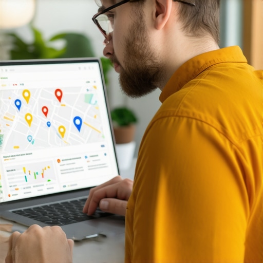 Local SEO Expert Analyzing Google Maps Rankings SEO expert reviewing Google Maps results on a laptop with local business icons.