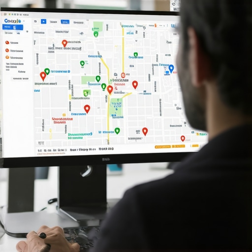 Local SEO Expert Analyzing Map Pack Data SEO professional reviewing Google Maps insights with Plano cityscape