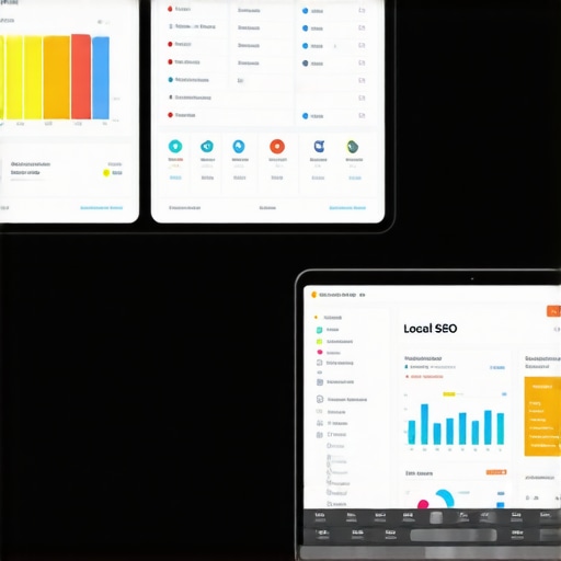 Monitoring Local SEO Performance Business owner analyzing local SEO data on multiple screens.