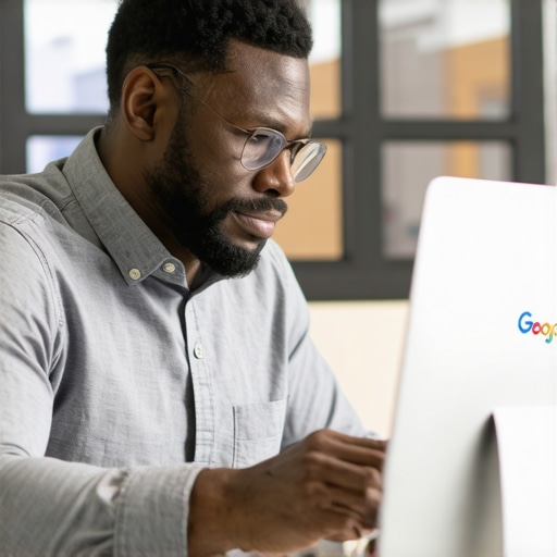 Business owner updating Google My Business profile on laptop