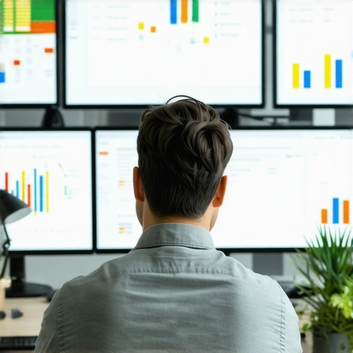 Business owner reviewing analytics of Google Maps rankings on computer screens.