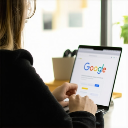 Business owner updating Google My Business profile on a laptop to improve local search rankings.