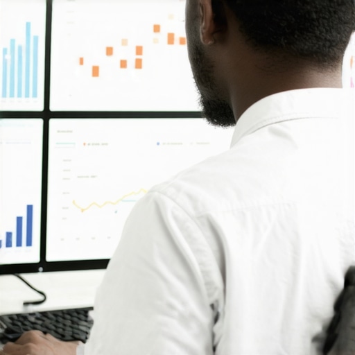 Digital marketer reviewing SEO performance dashboards on computers.