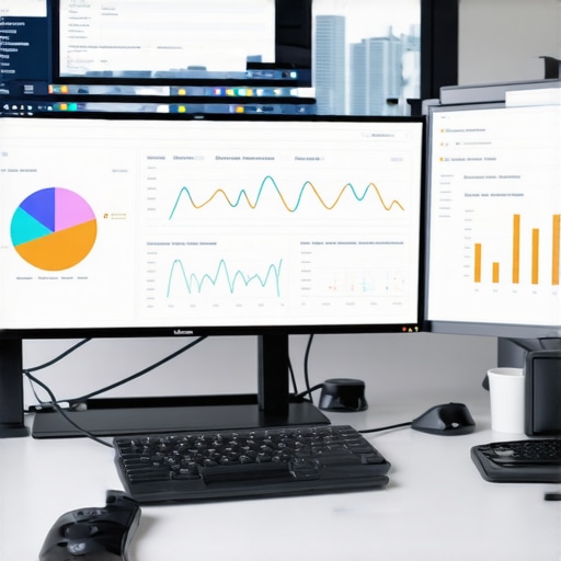 Analyzing Local SEO Data with Advanced Tools A digital marketer reviewing SEO analytics on multiple screens in a modern office, focusing on local SEO metrics.