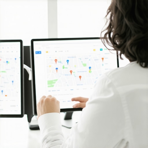 Marketing professional reviewing local search analytics and tools on multiple screens.