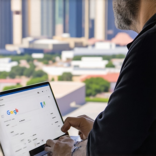 Business owner updating Google My Business profile on laptop with Plano city in background.