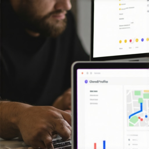 Business owner editing Google My Business listing on a computer with maps and analytics