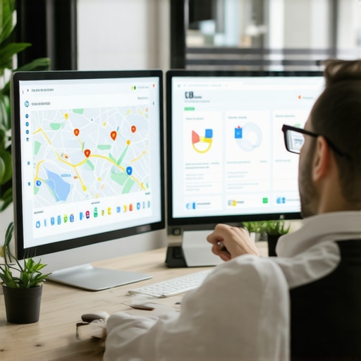 SEO Strategy Analysis Business owner reviewing Google Maps optimization strategies with charts and laptops
