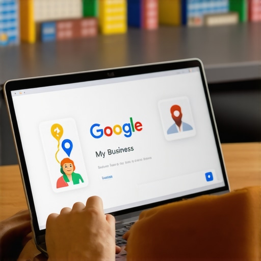 Person editing Google My Business profile on a laptop with Plano landmarks.