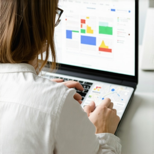 Digital marketing expert reviewing local SEO metrics and Google Maps insights on a laptop.