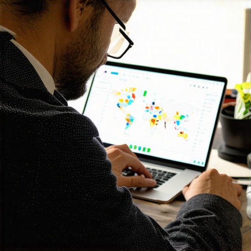 Businessman studying local SEO insights on a laptop screen with maps and charts