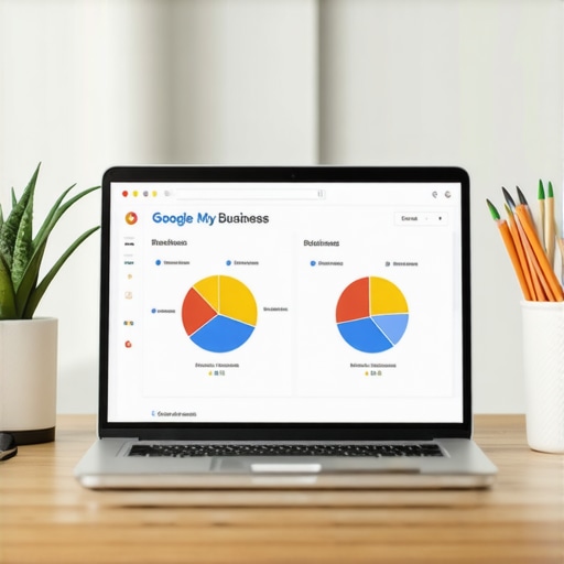 Laptop showing Google My Business dashboard with local SEO analytics.