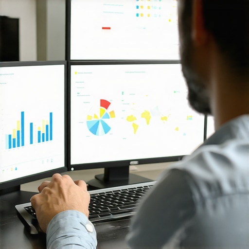 Analyzing Local SEO Data for Success A person reviewing local SEO metrics on computer screens with maps and graphs.