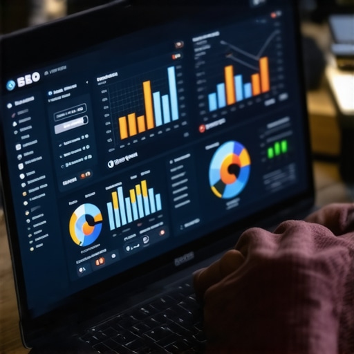 Effective Local SEO Management in Plano Person analyzing local SEO metrics on a computer with Plano landmarks in background.