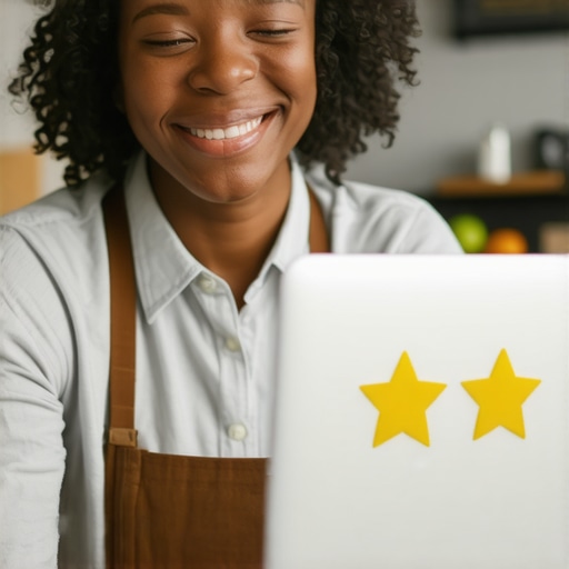 Business owner requesting reviews from happy customers on a laptop.