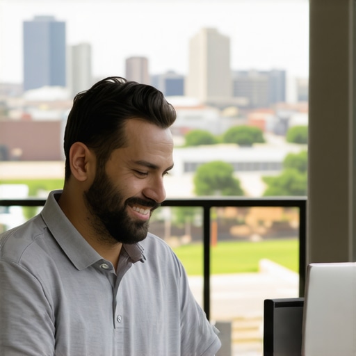 Business owner updating Google My Business profile with Plano cityscape