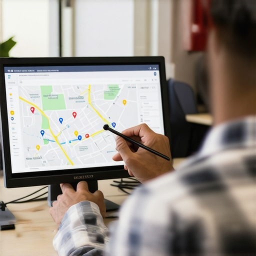 A digital illustration of an SEO professional reviewing local business map analytics on a computer with a Plano city map