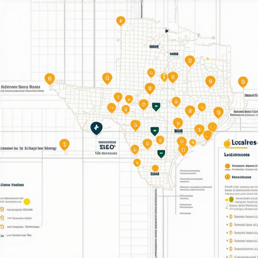 Map of Texas showing local business icons and SEO focus areas.