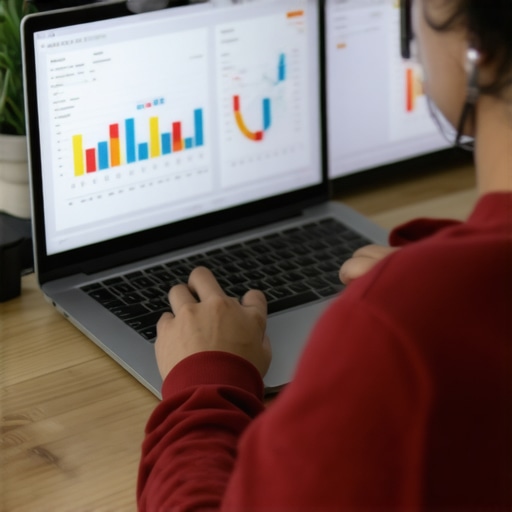 Digital Tools for Local SEO Maintenance Person analyzing SEO data on laptop with analytics charts and local maps.