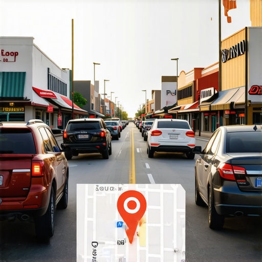 Local Businesses in Plano with Google Maps Indicator A bustling street scene in Plano, Texas, with a Google Maps icon indicating local business presence.