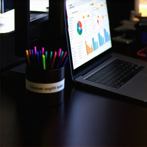 SEO Tools Workspace A workspace with SEO software and analytics on a laptop screen, illustrating local SEO management